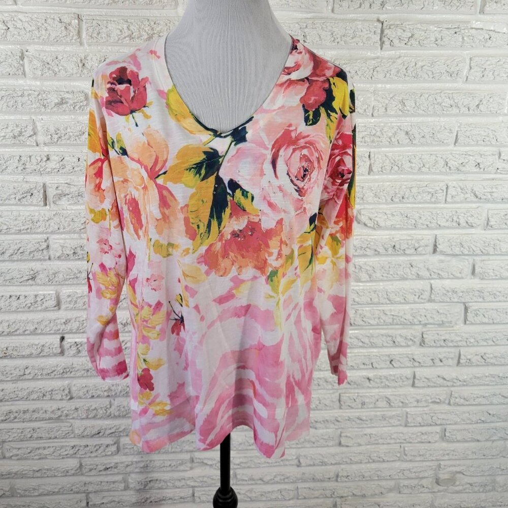 Concepts Womens Top XXL 20 Plus Tee Long Sleeve‎ Pink Floral Rhinestone FLO197E